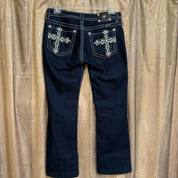 Miss Me Dark Blue Rhinestone Cross Pocket Denim Boot Cut Jeans 32 Altered - Picture 2 of 10